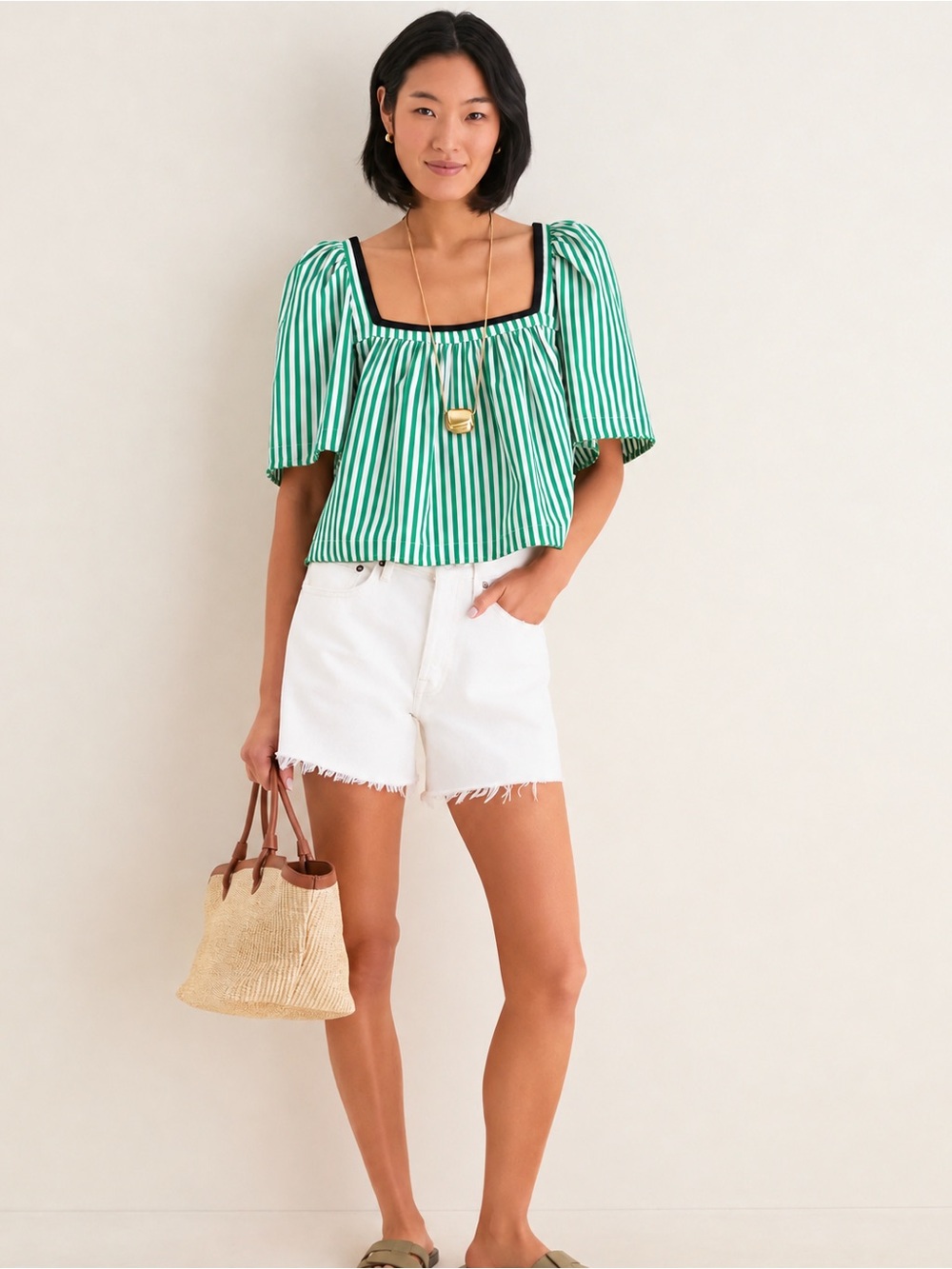 Tuckernuck L Kelly Green White Stripe Viviana Top Lined 100% Cotton NWT $148